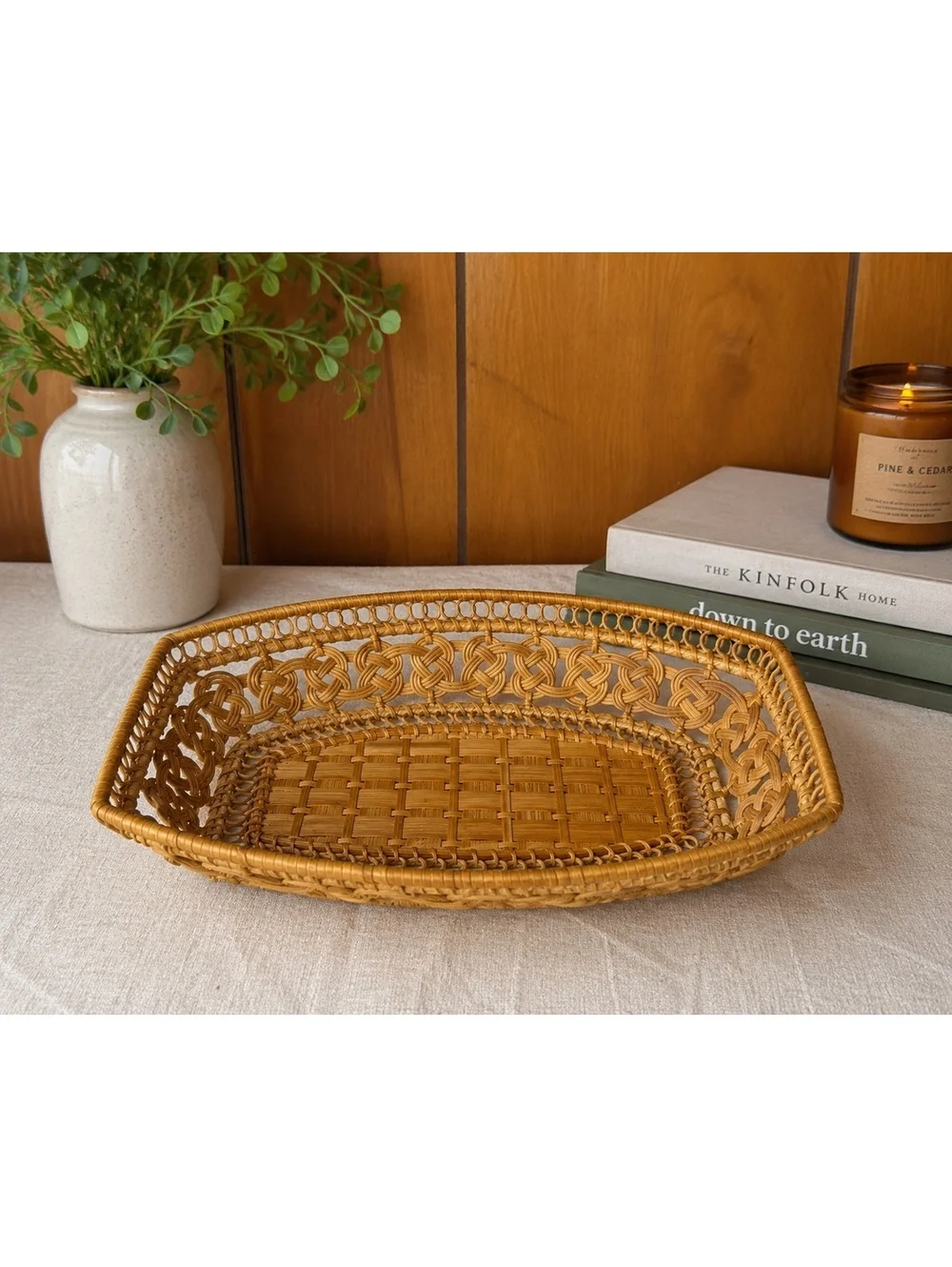 Vintage Wicker Serving Basket Tray Handwoven Rattan Bread Fruit Catchall